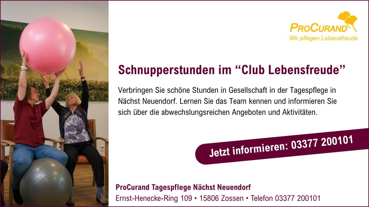 Infokachel für kostenlose Schnuppertage in der ProCurand Tagespflege in Nächst Neuendorf